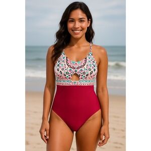 RueBleu Geometric Aztec Print One Piece Swimsuit w/ Cutouts & Strappy Back Large